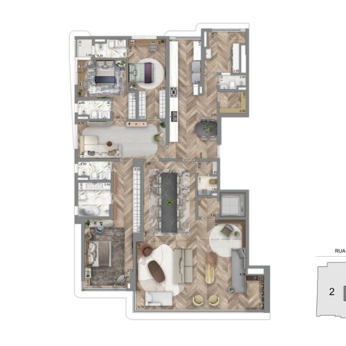 Planta 259 m² - 3 suítes + cozinha e sala íntima ampliada